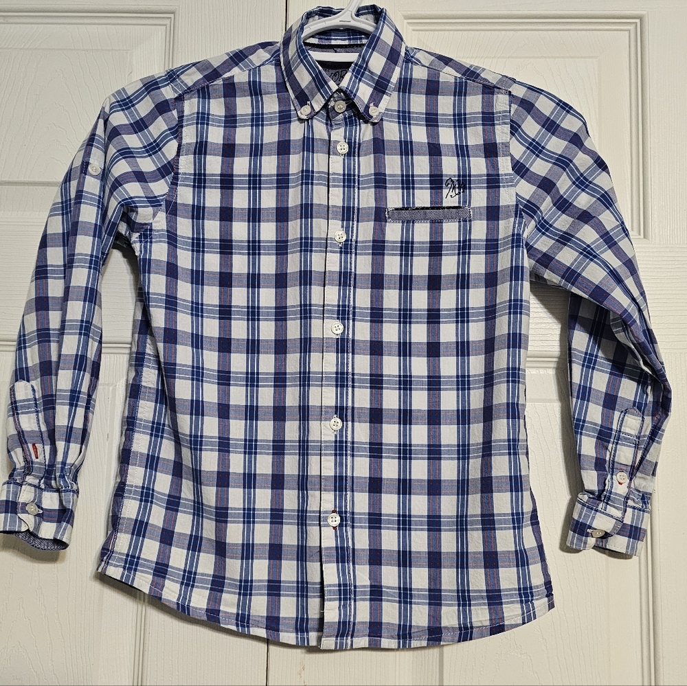 Mayoral Boys Blue & White Plaid Button Down Shirt - Size 8 (128cm)